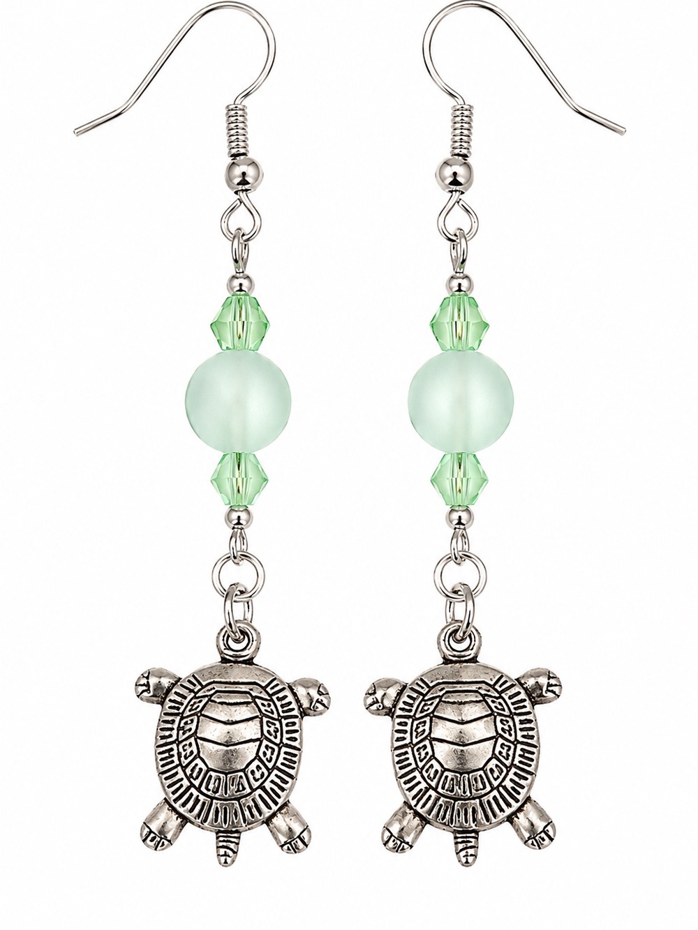 Silver Sea Turtle Drop Earrings with Green Sea Glass and Crystal Beads